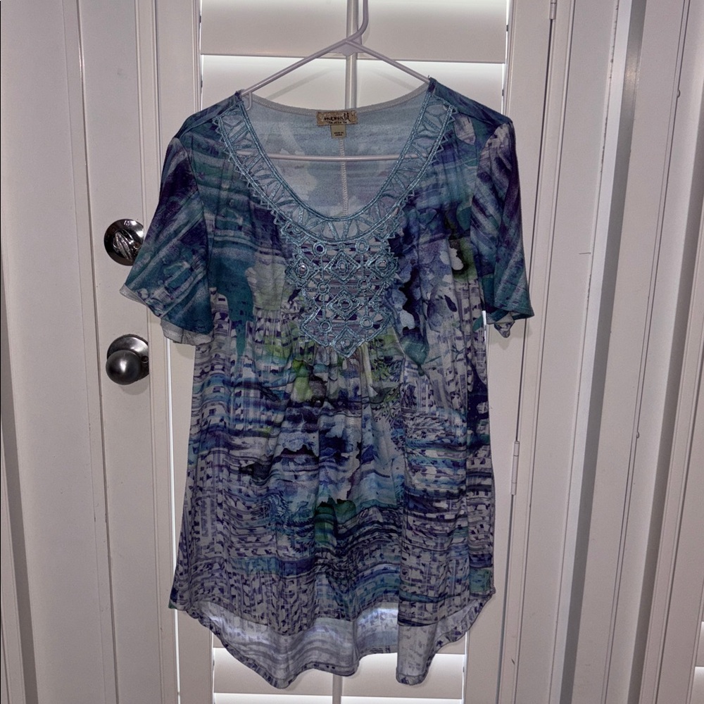 ONE WORLD Blue, Purple, and Green Patterned Tunic